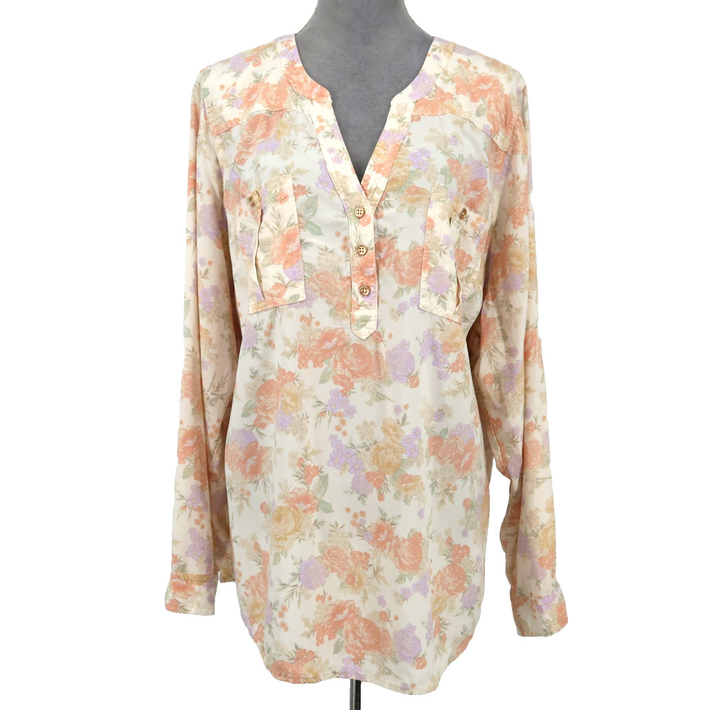 Torrid Top 3 Plus Size 3X Beige Floral Henley Blouse Pockets Coastal Cottagecore